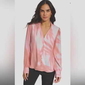 CALVIN KLEIN Long-Sleeve Printed V-Neck Blouse- Desert Rose Size M- New